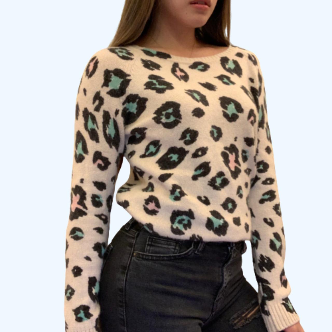 fuzzy cream sweater with green pink black leopard