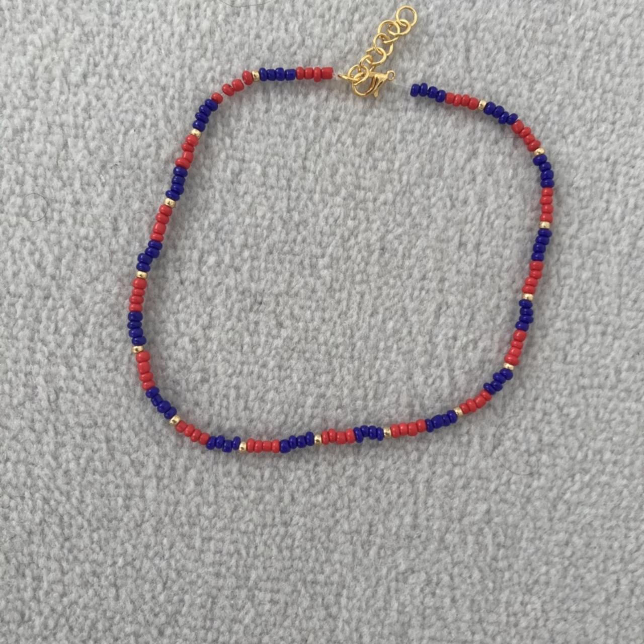 Navy blue, red and gold seed bead choker/necklace.... - Depop