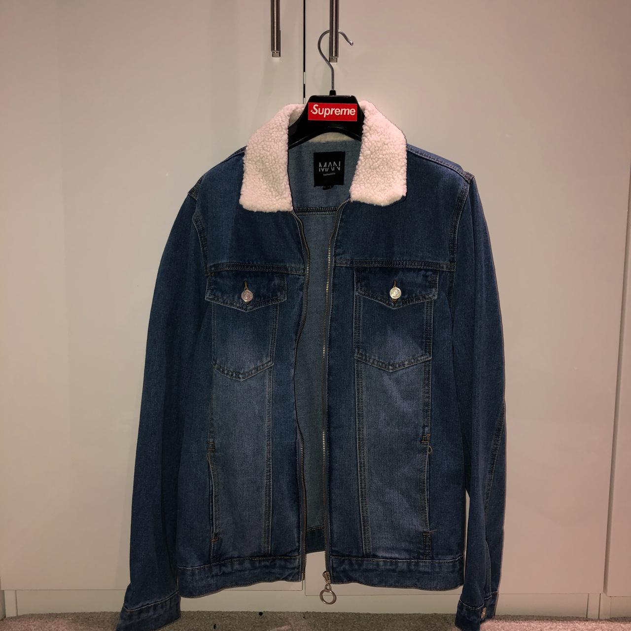 BLUE DENIM JACKET - with fluffy white collar SIZE... - Depop