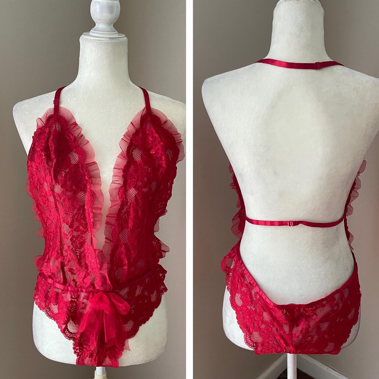 Adore Me red lace bodysuit pull on style plunging... Depop