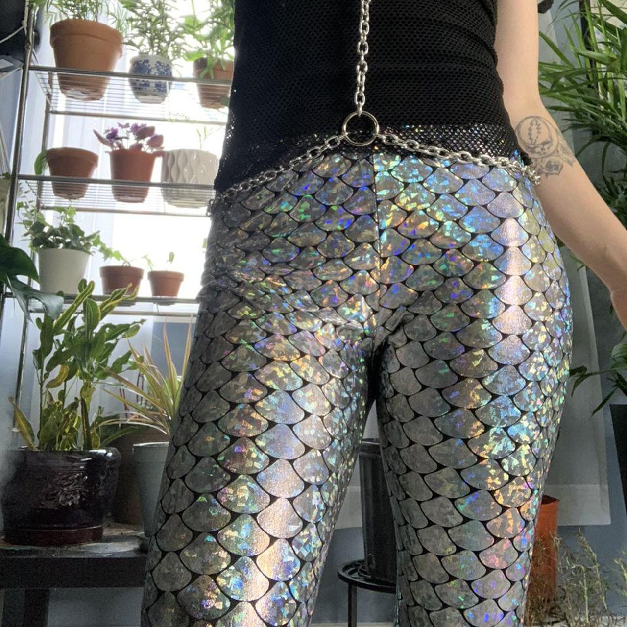 Holographic mermaidcore leggings Stretchy silver Depop