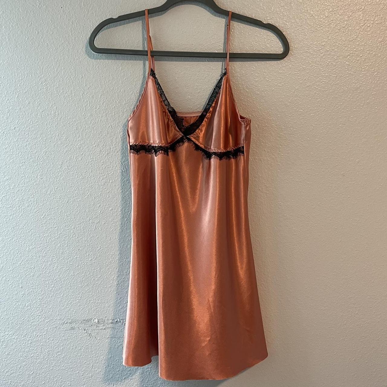 silk burnt orange slip dress w black lace... - Depop