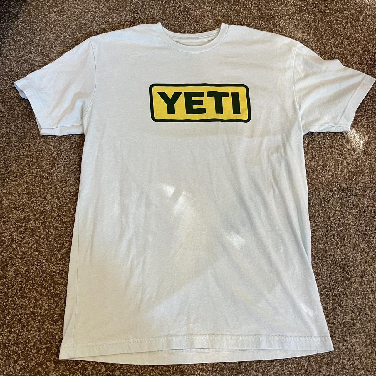 Yeti Men's Blue and Yellow T-shirt | Depop