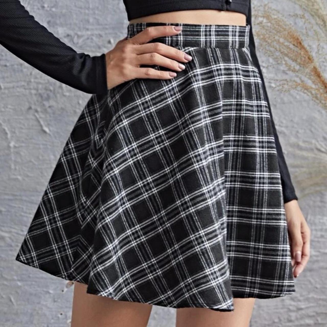 shein-black-and-white-plaid-flare-skirt-size-m-6-depop