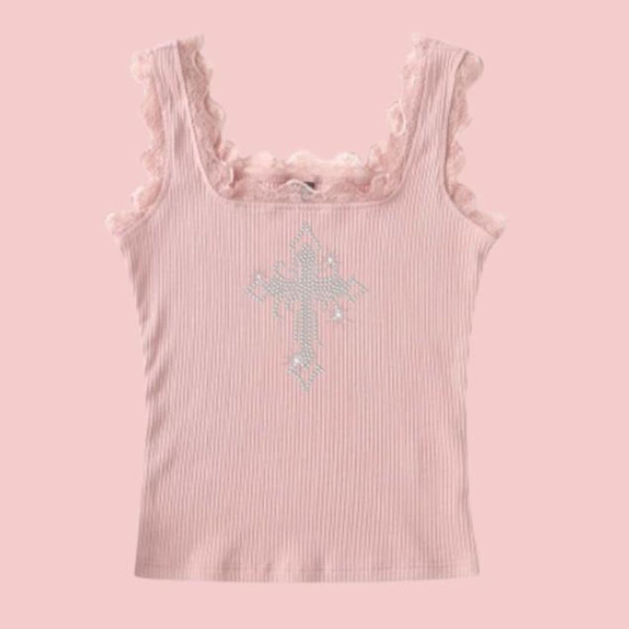 Pink rhinestone “CROSS” Frill lace Square neck vest... Depop