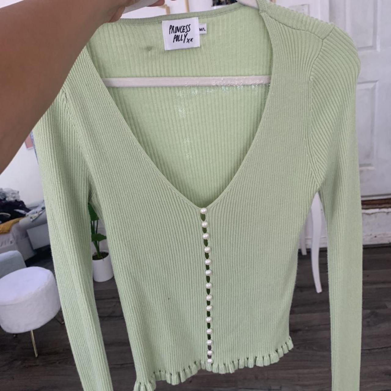 cute sage green cardigan with pearls as buttons from... - Depop