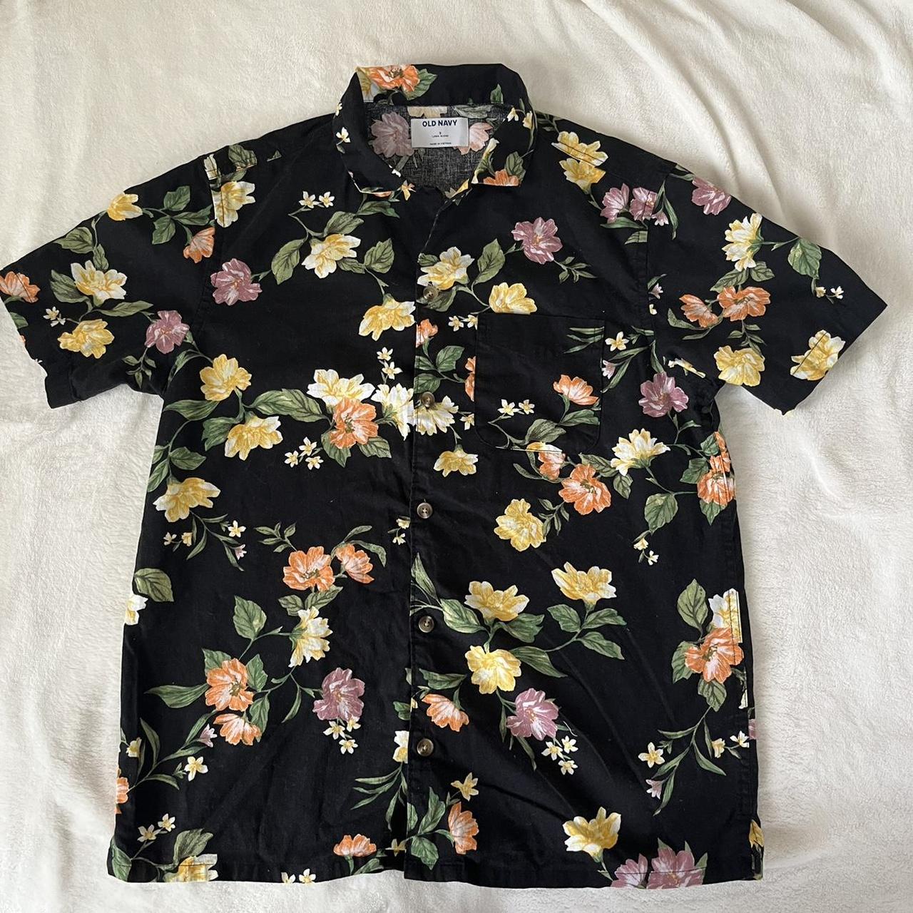 black and floral short-sleeved button down shirt no... - Depop