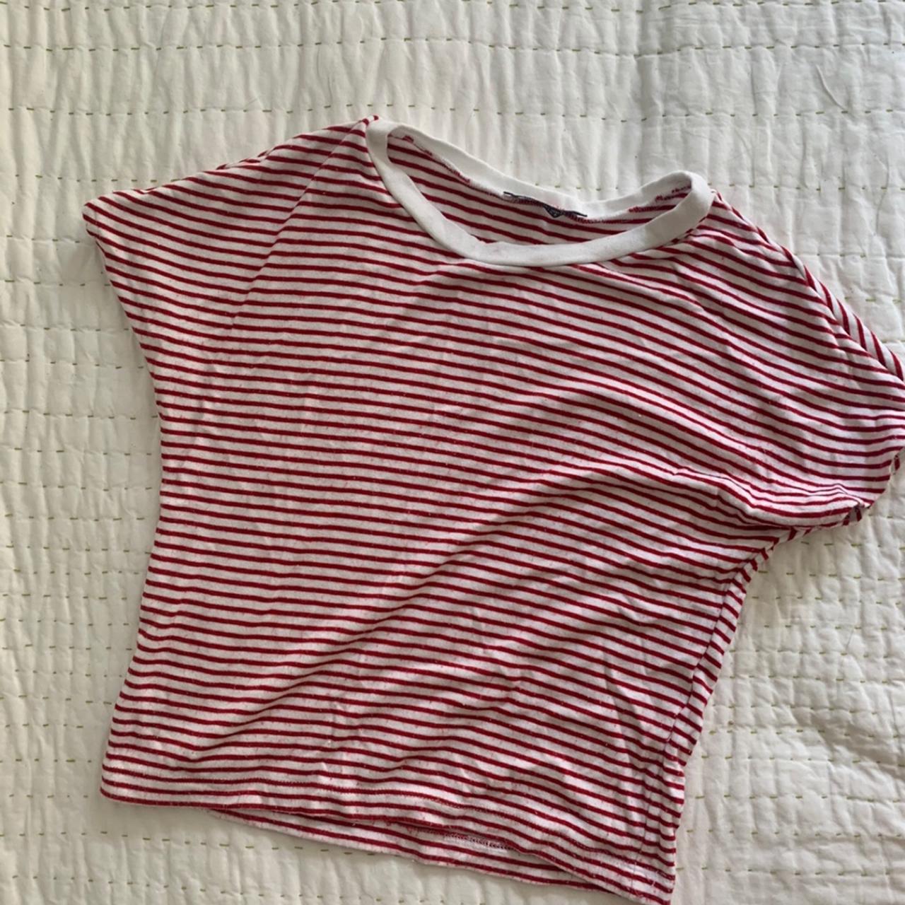 Stripped white and red tshirt a bit cropped from... - Depop