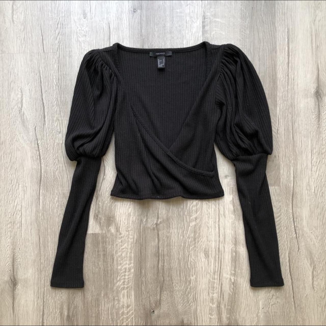 Black Puff Sleeve Blouse - long sleeve wrap style... - Depop