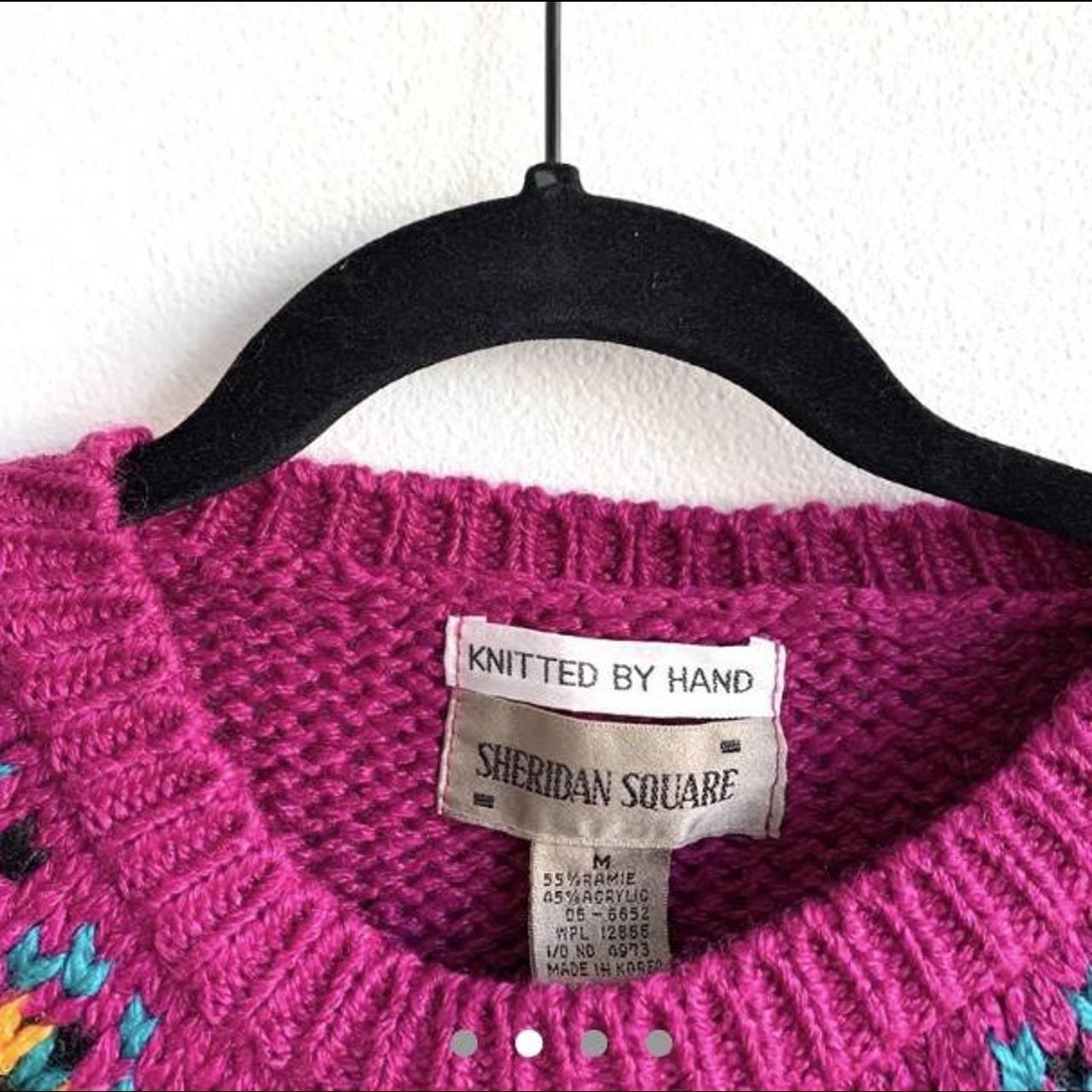 Hand-knit Sheridan Square fuchsia vintage sweater... - Depop