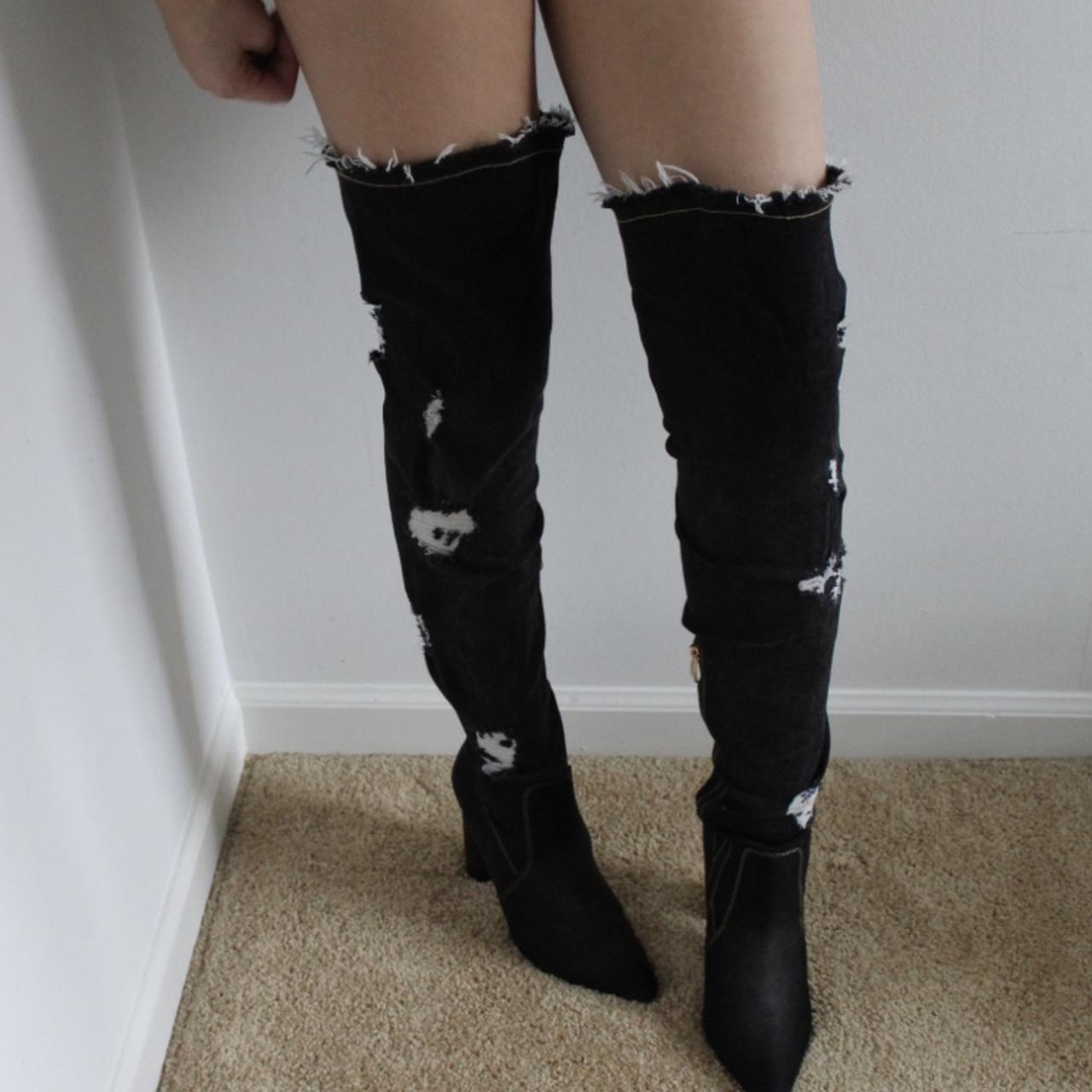 Black denim shop thigh high boots