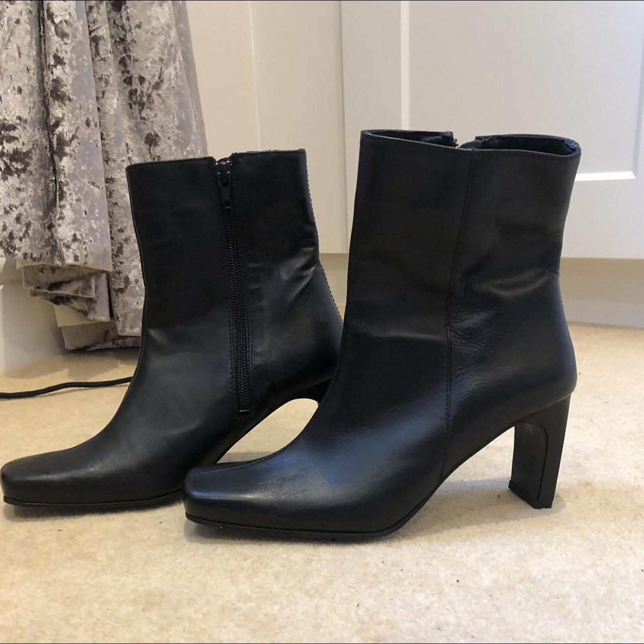 Black leather look chunky heel square toe ankle... - Depop