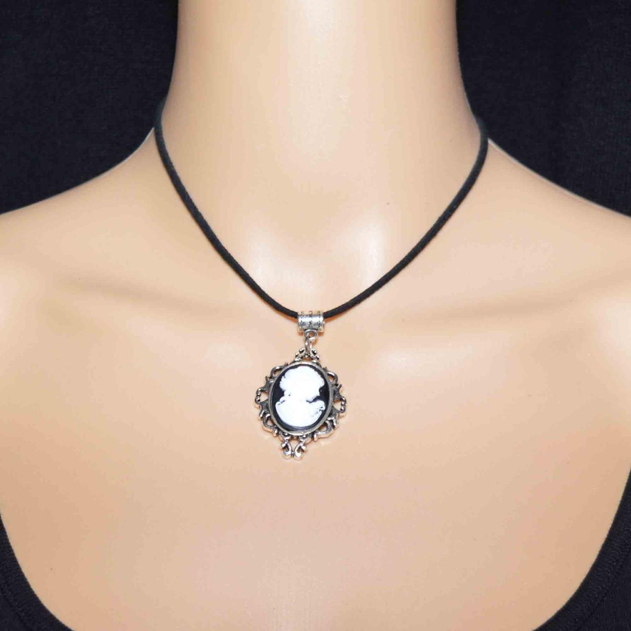 Lady Cameo Pendant, Black Cord Choker Necklace... Depop