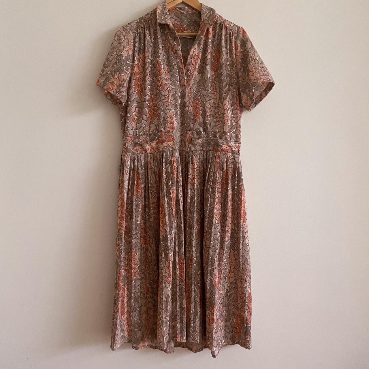 vintage orange grey dress midi knee floral print... - Depop