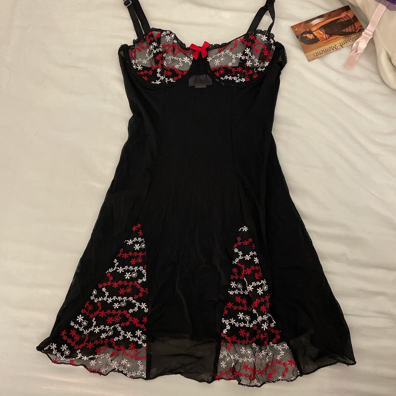 Black Slip Dress Sheer Red Appliqué Size S Sold As... - Depop