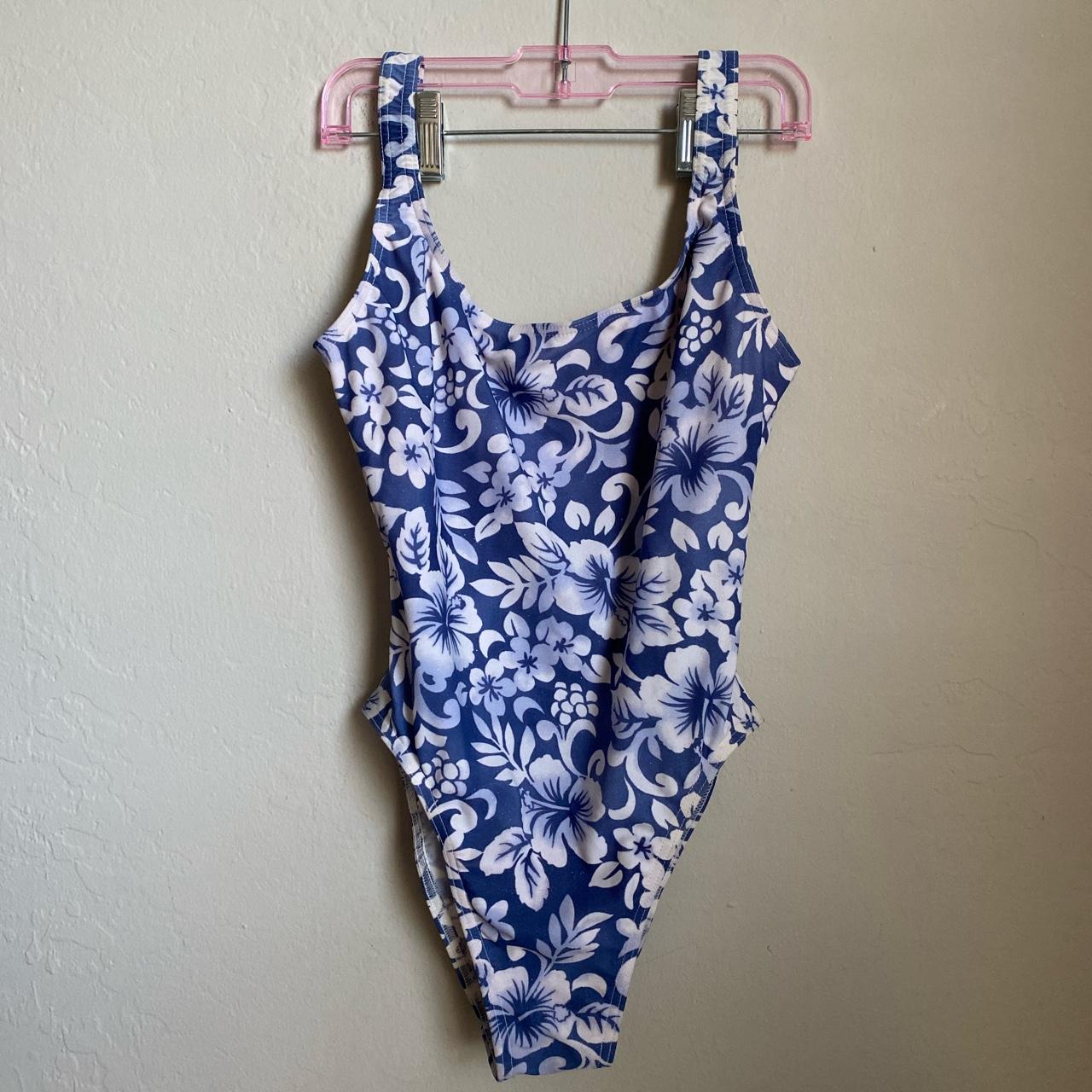 Vintage one piece swimsuit with blue and white... - Depop