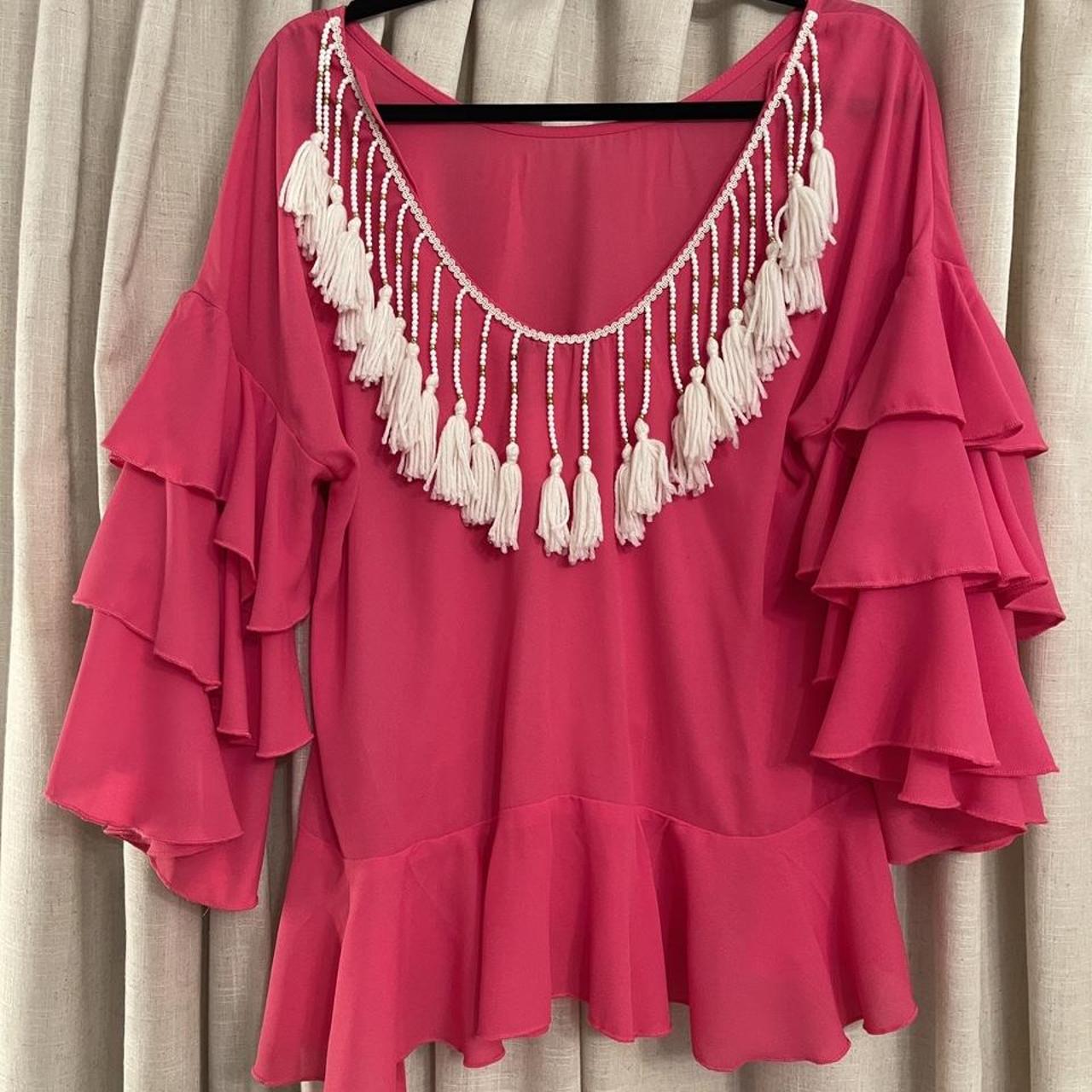 Beautiful hot pink ruffle sleeve blouse with tassel... - Depop