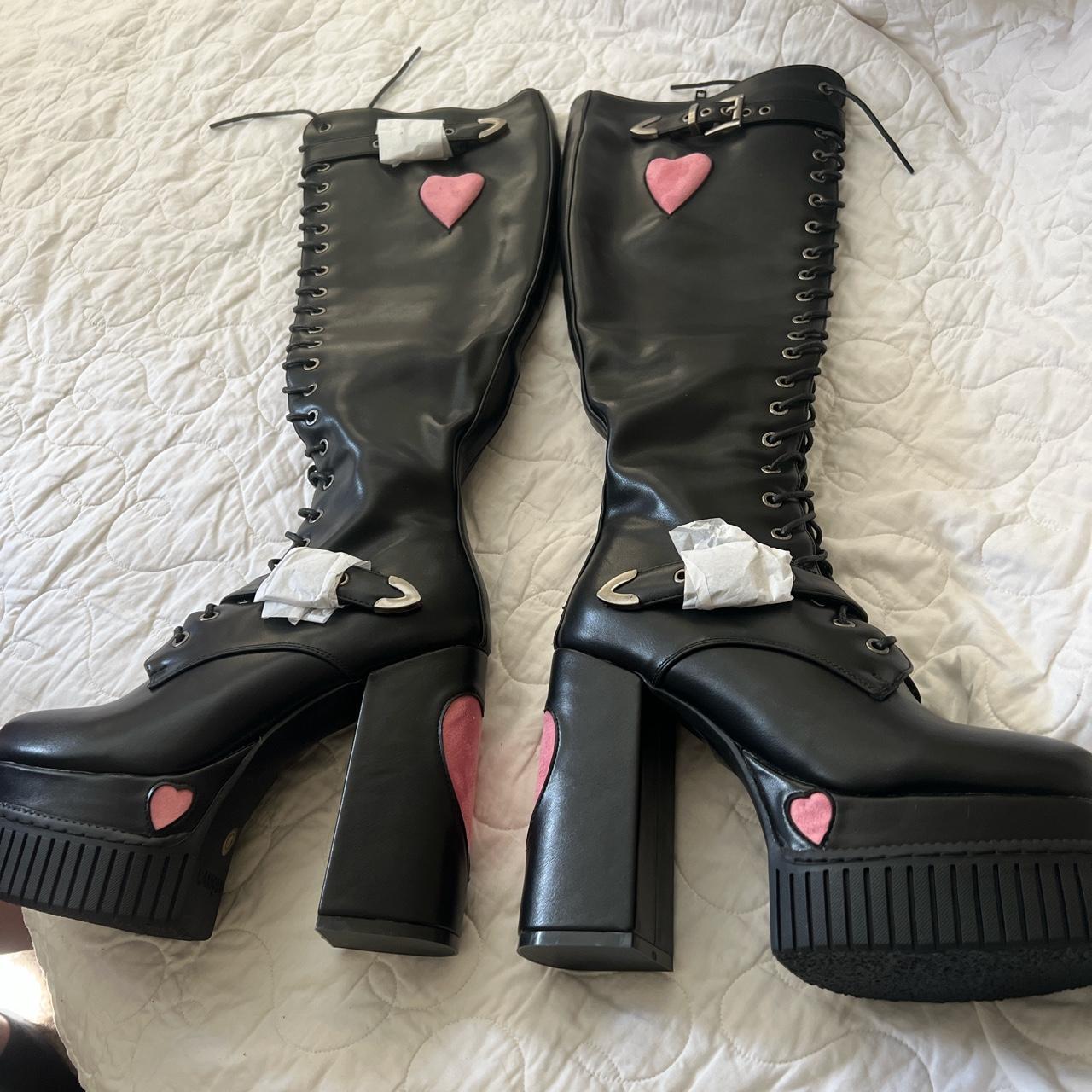 Valentines pink heart black platform boot heels! Depop