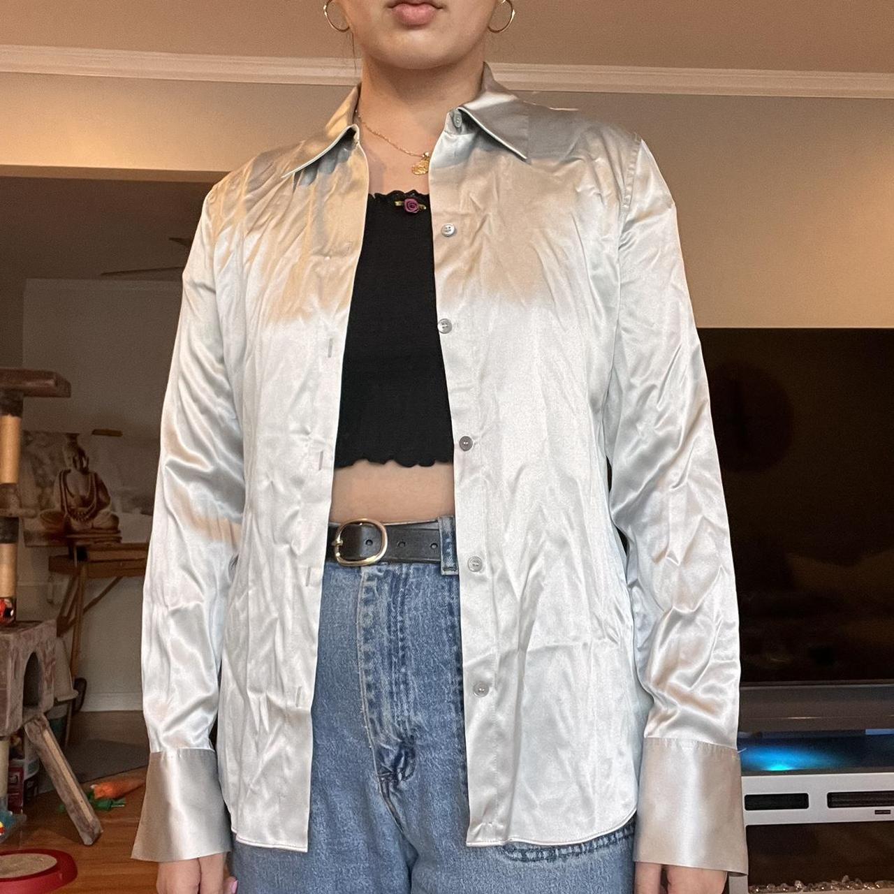 Theory silver satin button down blouse size medium.... - Depop