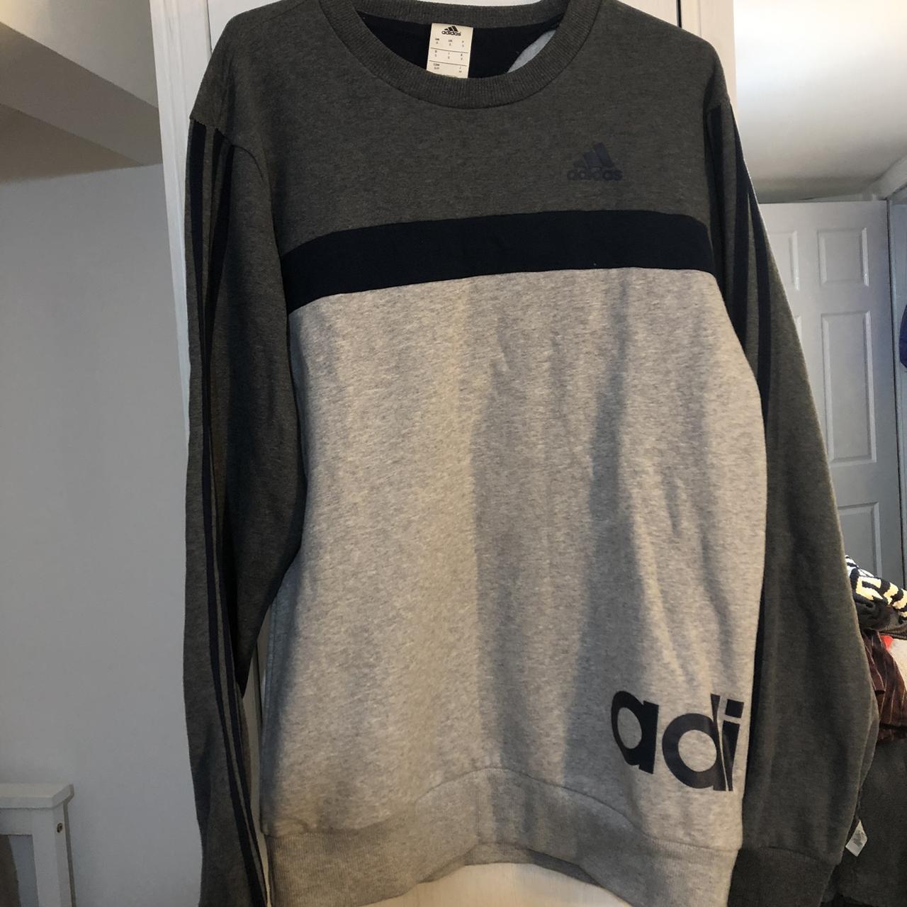 navy blue and grey adidas sweatshirt jumper in size... - Depop