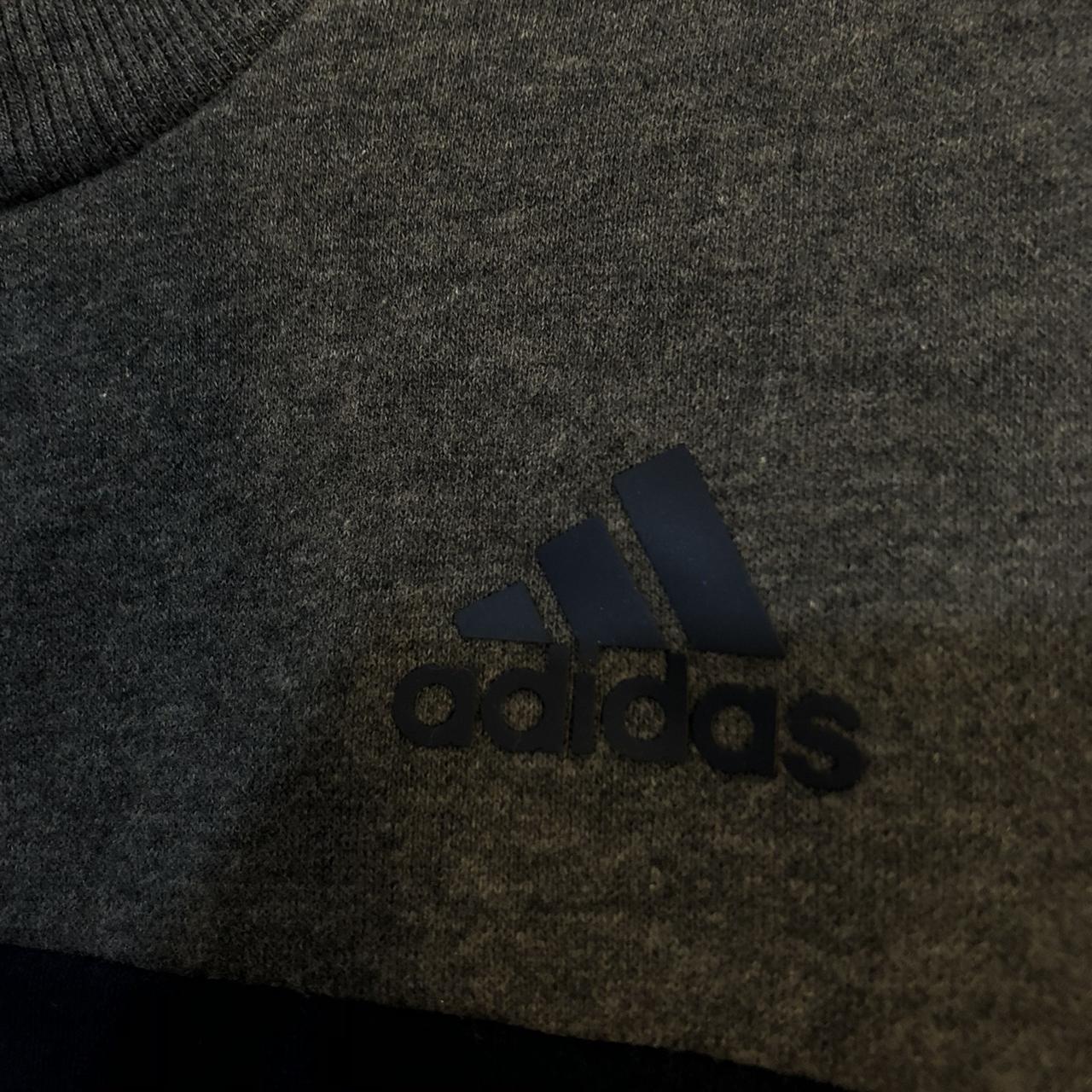 navy blue and grey adidas sweatshirt jumper in size... - Depop