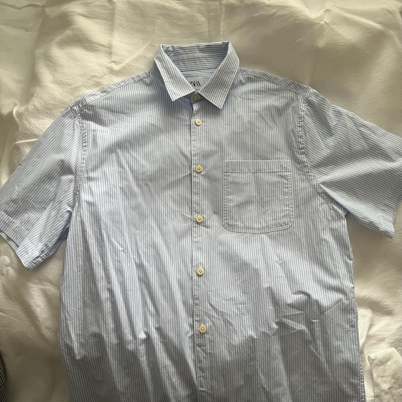 blue and white pinstripe shirt Short sleeves Size S... - Depop