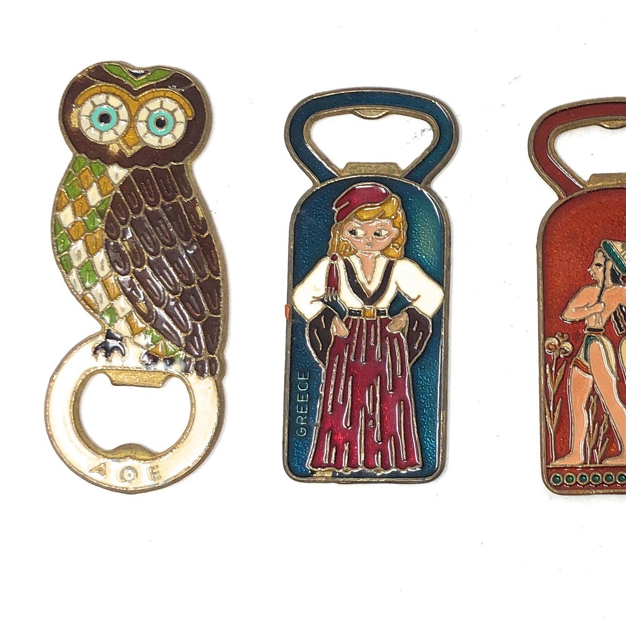 Vintage Enameled and Bronze Owl Shaped Bottle Opener 1970s Greece New #1 