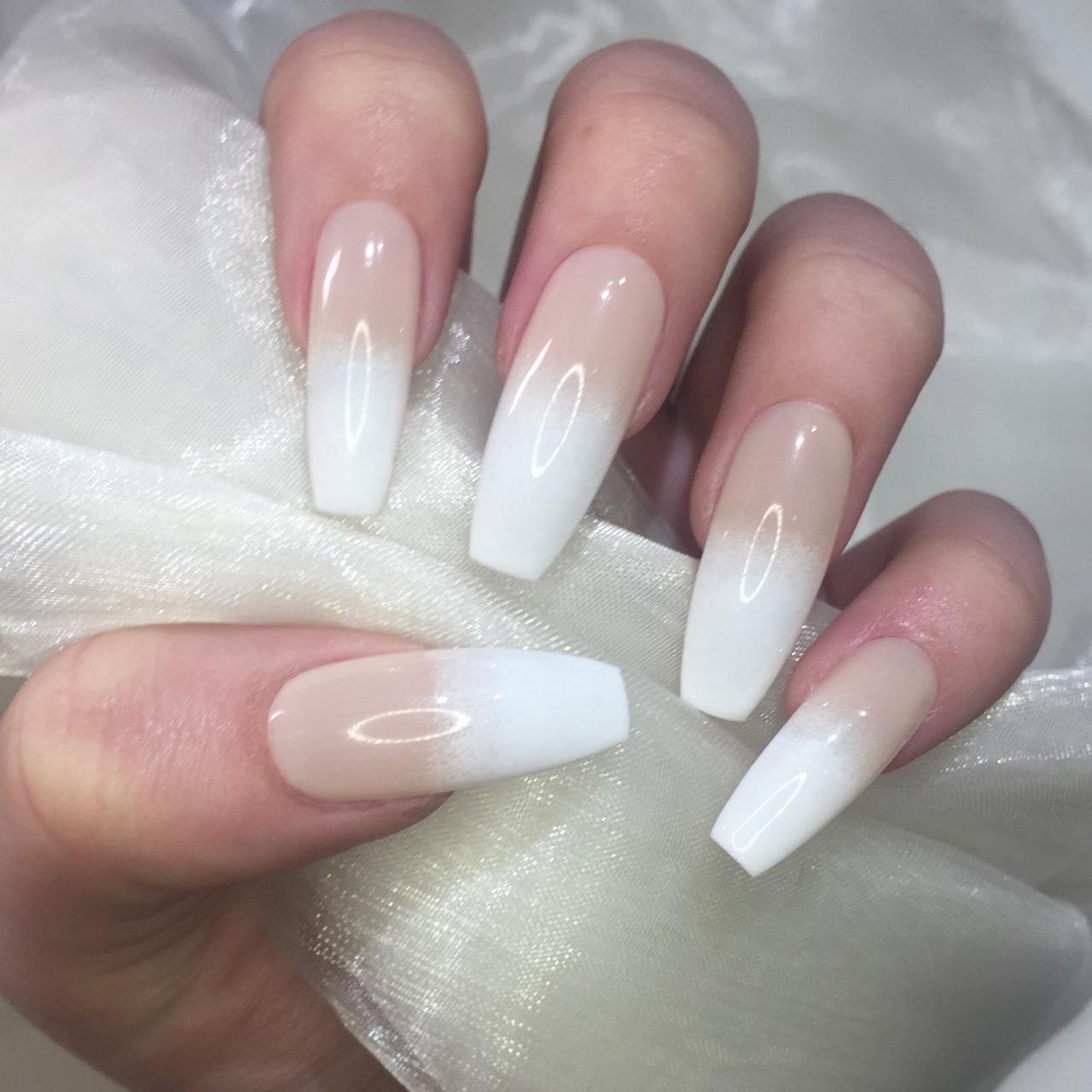 Sheer nude to white extra long coffin nails Clear... - Depop