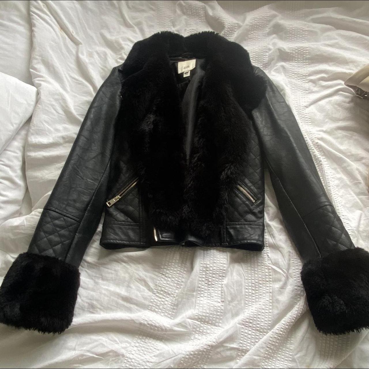 cutest leather jacket with fluffy cuffed... - Depop