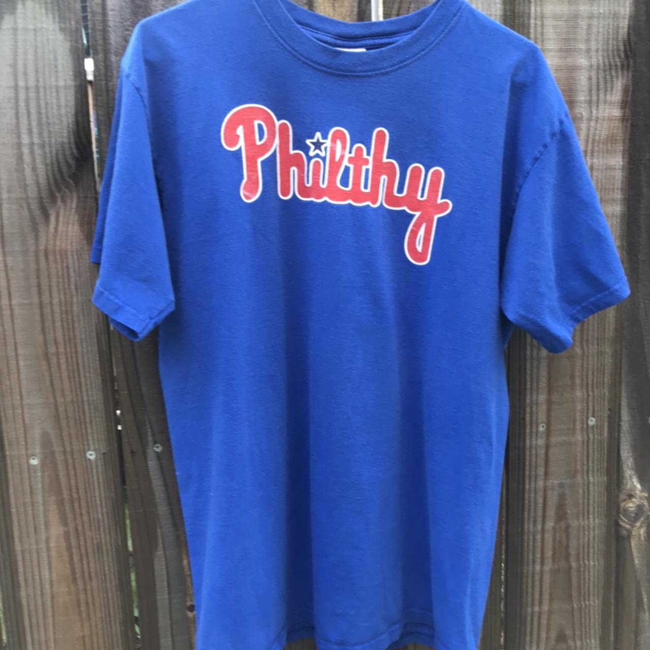 Vintage 90’s Philthy Phillies tee. Blue with red... - Depop