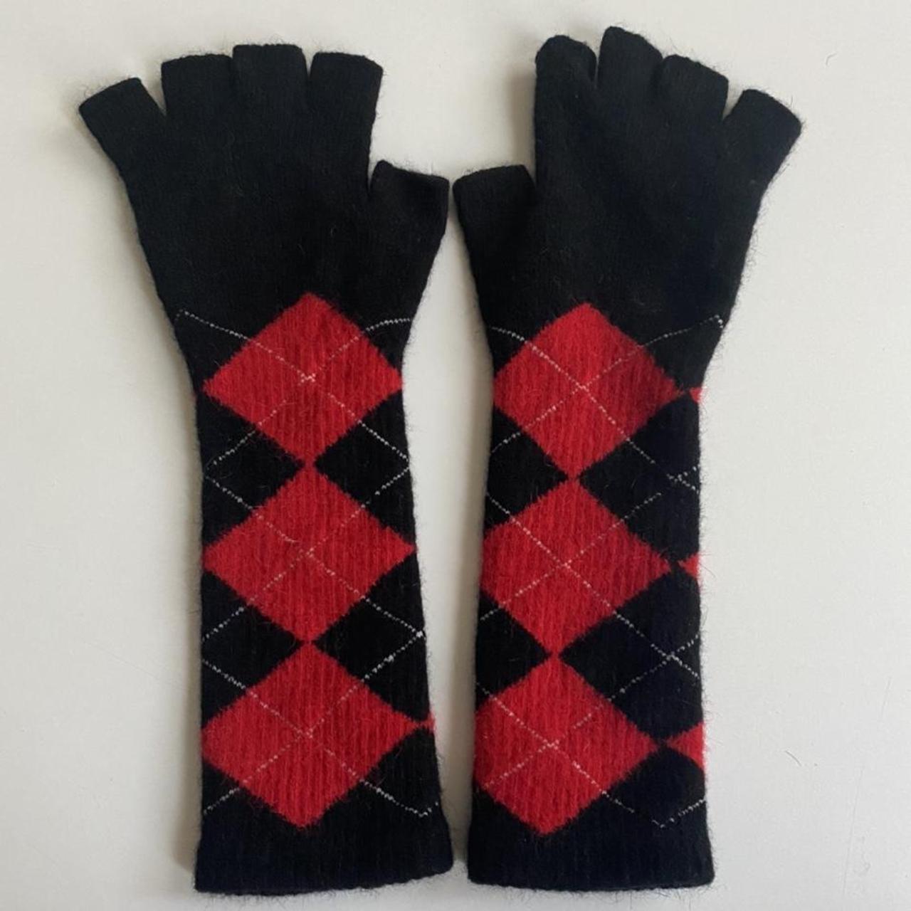Fingerless gloves in black and red wool. Never worn… - Depop