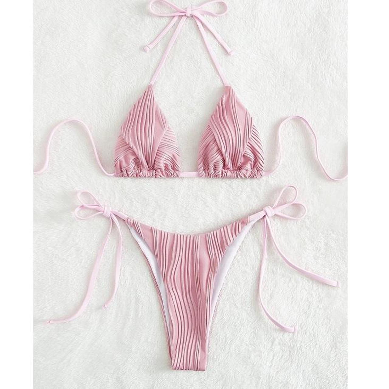 Shien textured pink triangle side tie bikini, worn... - Depop