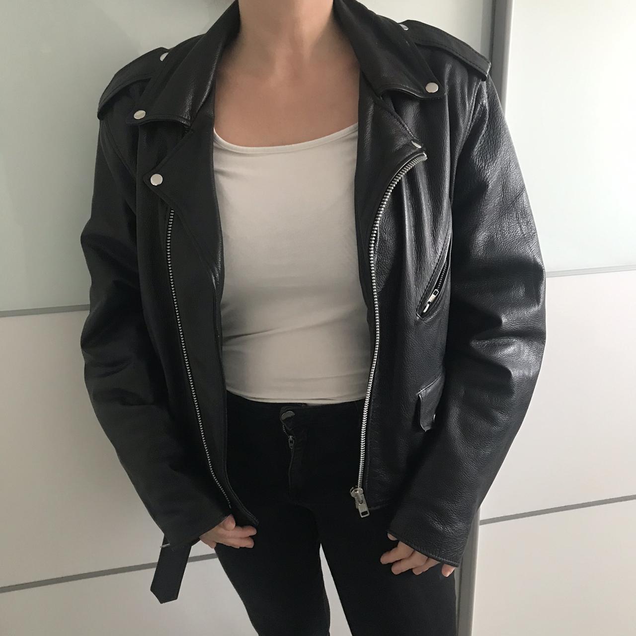 Vintage 90s Leather Biker-Jacket Real Leather Size... - Depop