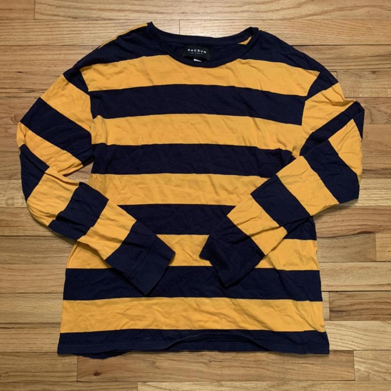 Pacsun yellow and navy blue stripped long sleeve... - Depop