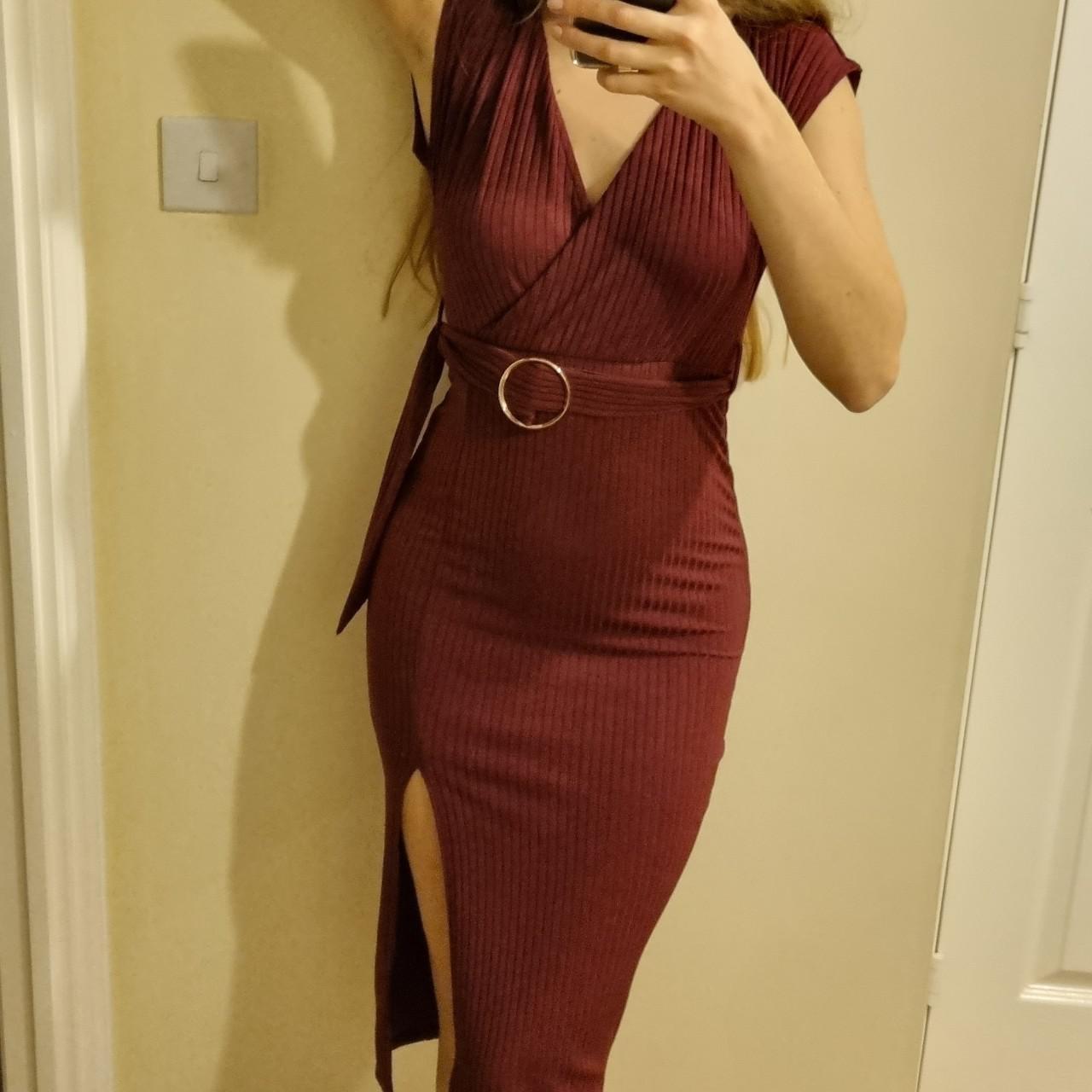New Look Women's Burgundy and Gold Dress Depop