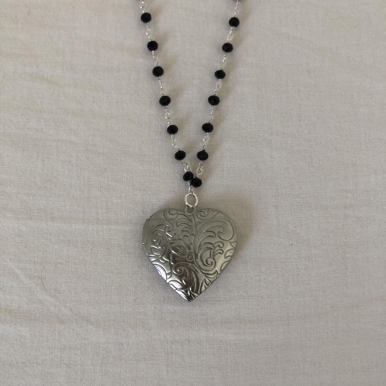 onyx heart locket necklace heart locker on a beaded... - Depop