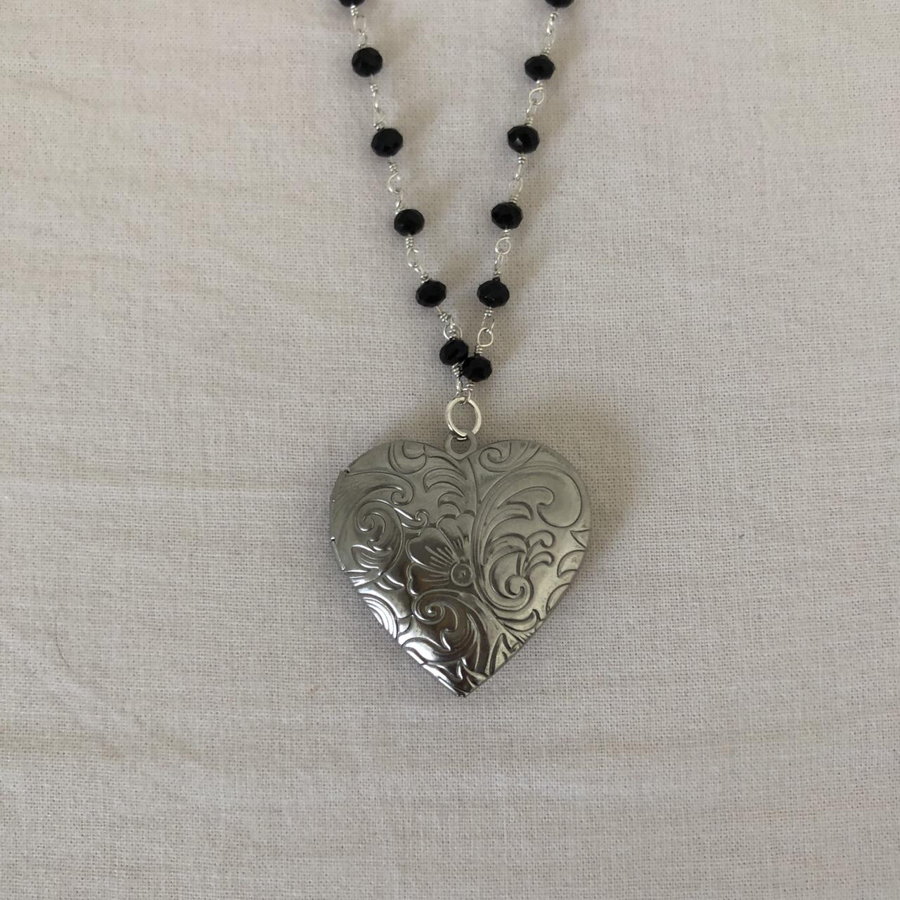 onyx heart locket necklace heart locker on a beaded... - Depop