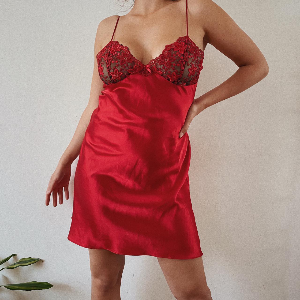 Vintage red sleep dress floral embroidered sheer... Depop