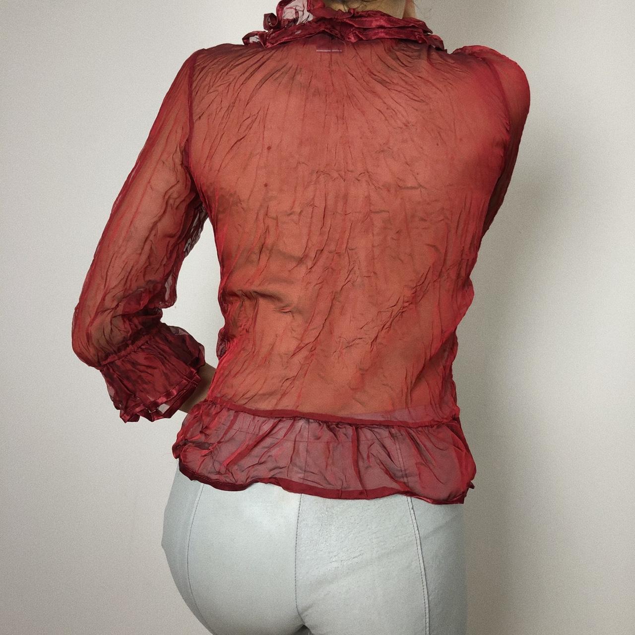 Beautiful vintage sheer burgundy blouse with ruffled... - Depop