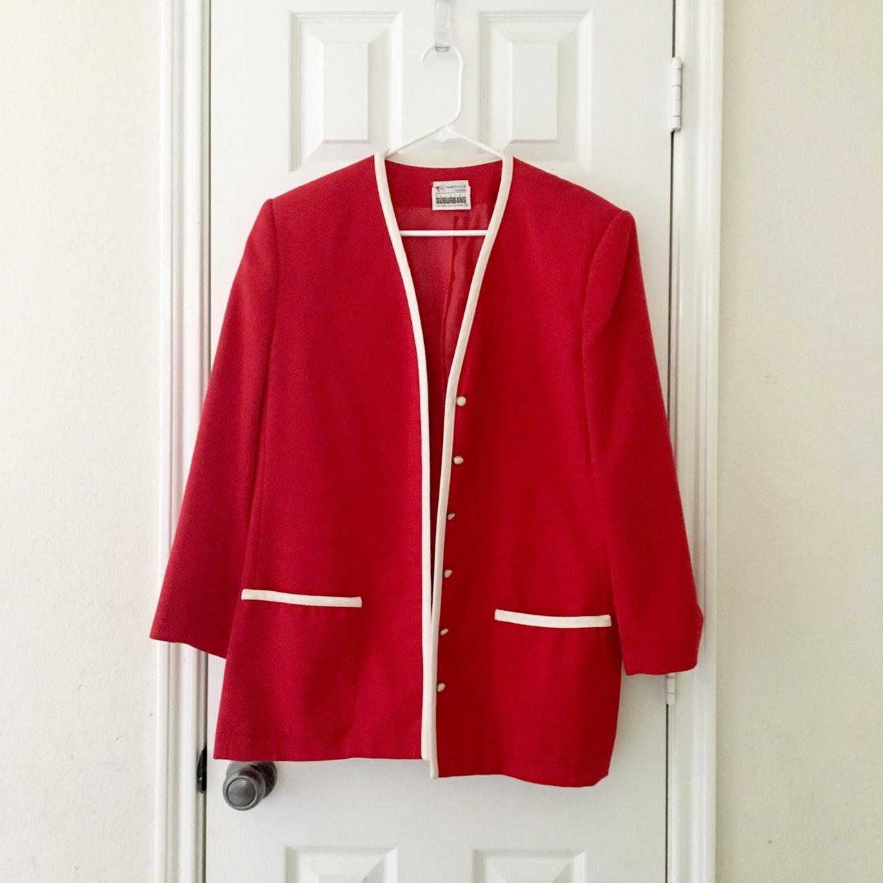 Vintage red blazer with creme colored trim, wool... - Depop