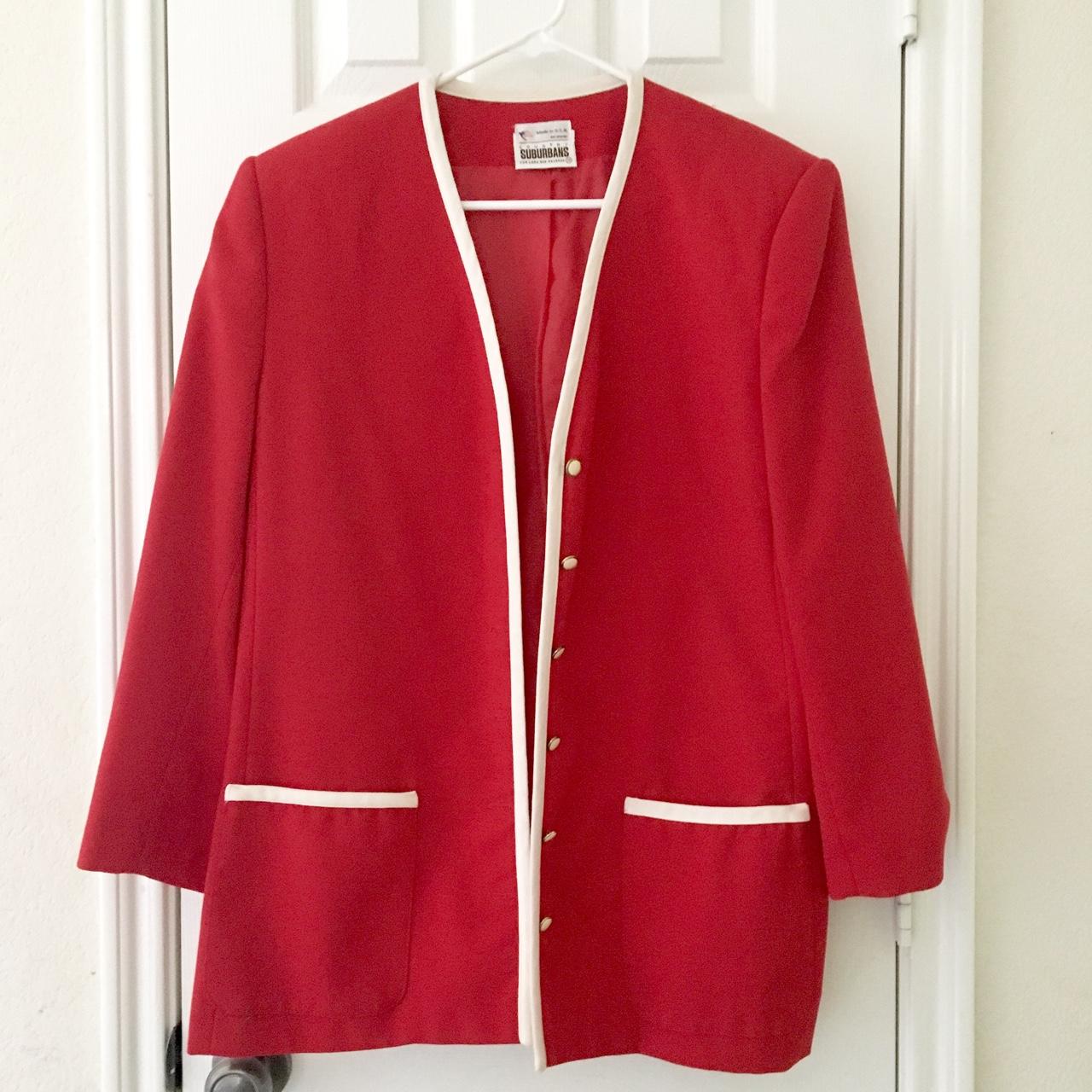 Vintage red blazer with creme colored trim, wool... - Depop