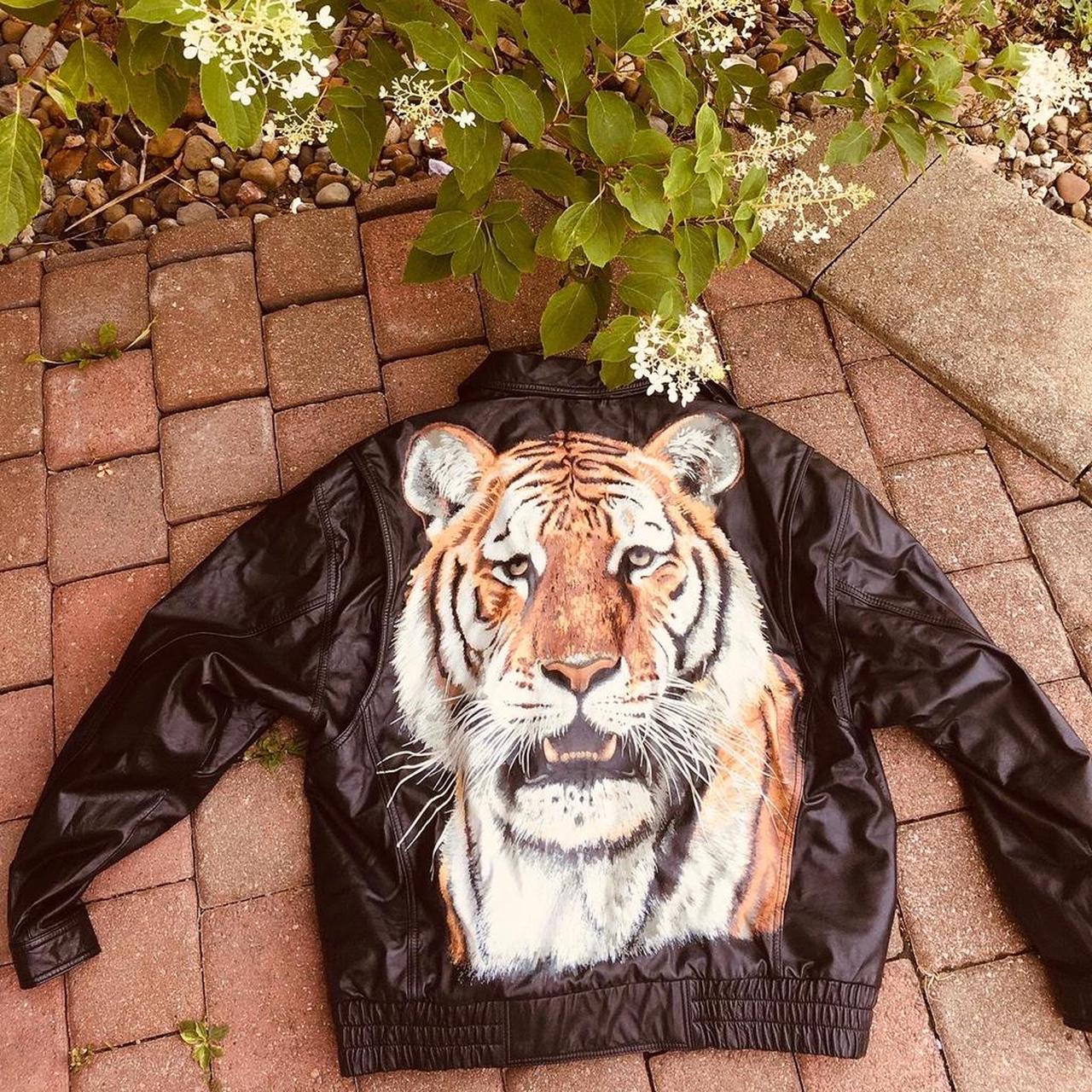 Vintage Leather Painted Tiger Leather Jacket Sz XL Black Full Zip