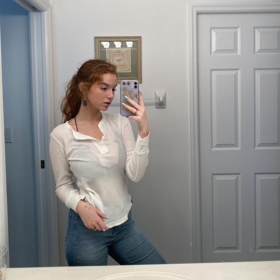 White long sleeve polo Ralph Lauren sweater. Button... - Depop
