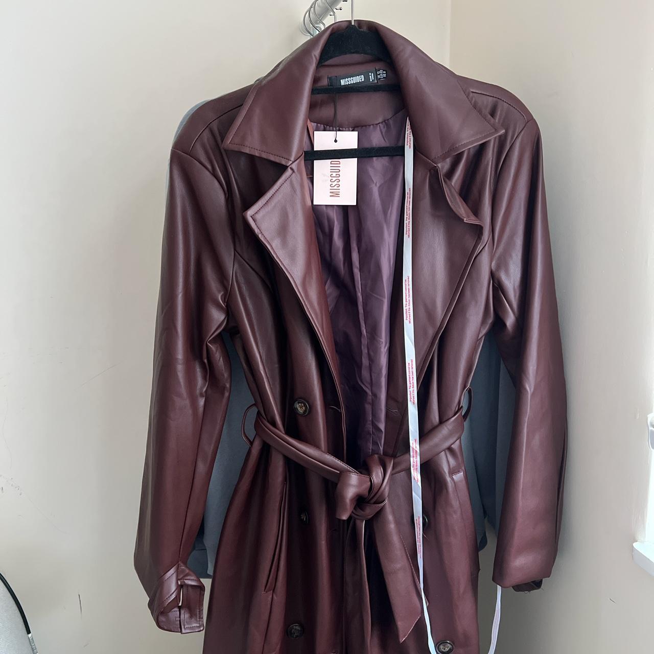 Brown Burgundy Leather Coat Jacket Missguided Depop