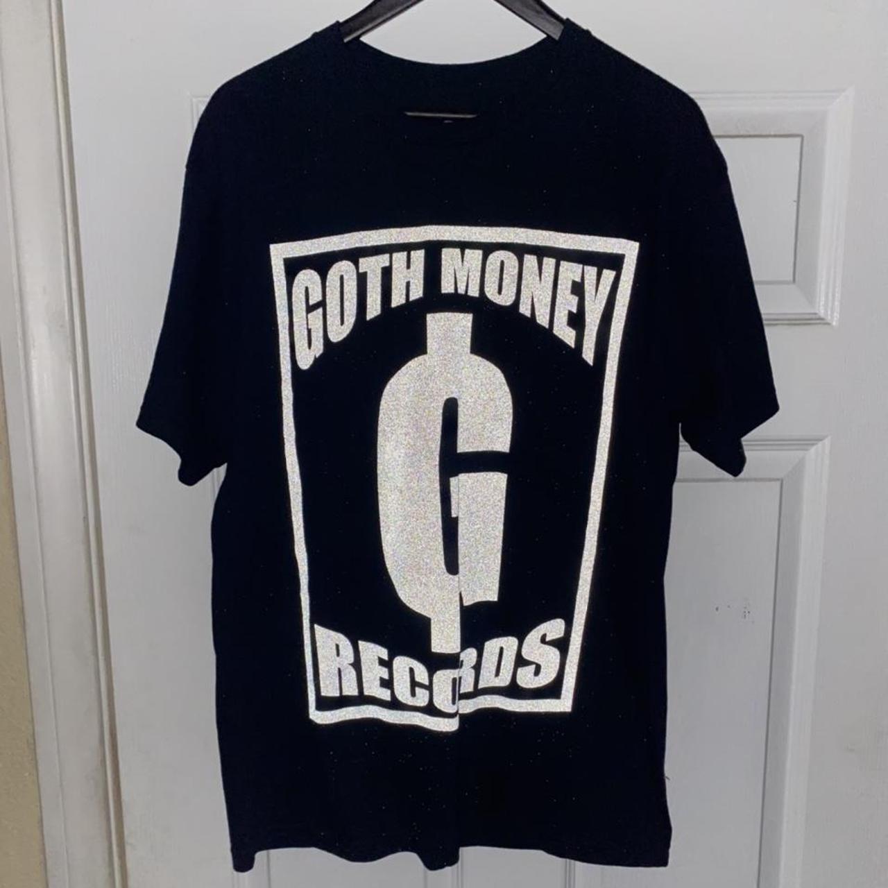 Reflective goth money records logo t shirt in... - Depop