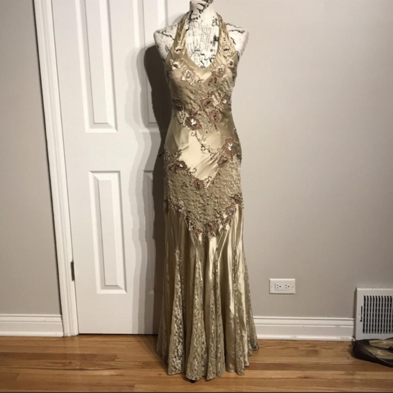 Cache Women's Cream and Gold Dress Depop