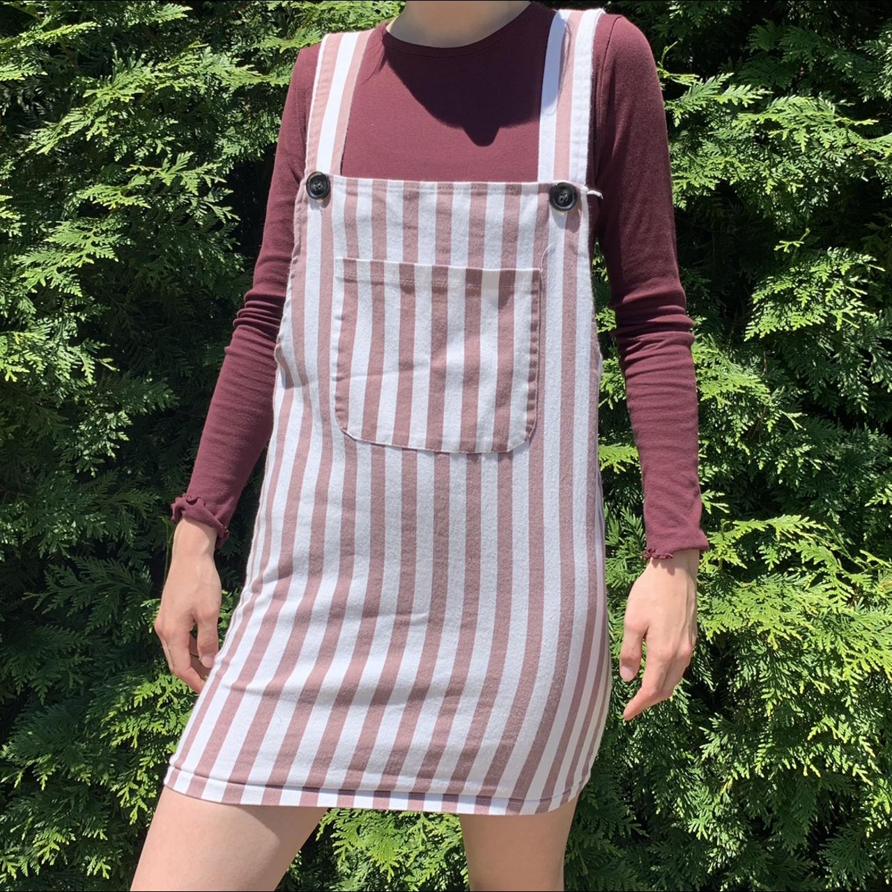 Handmade muted pink & white striped overall dress... - Depop