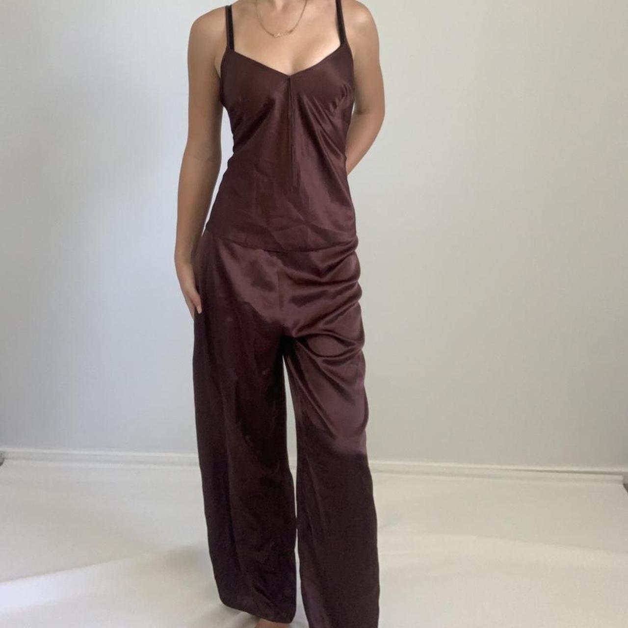 brown satin silk pyjama set vintage 90s - Depop