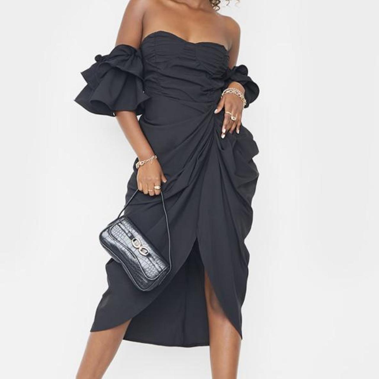 bardot frill sleeve draped midi dress