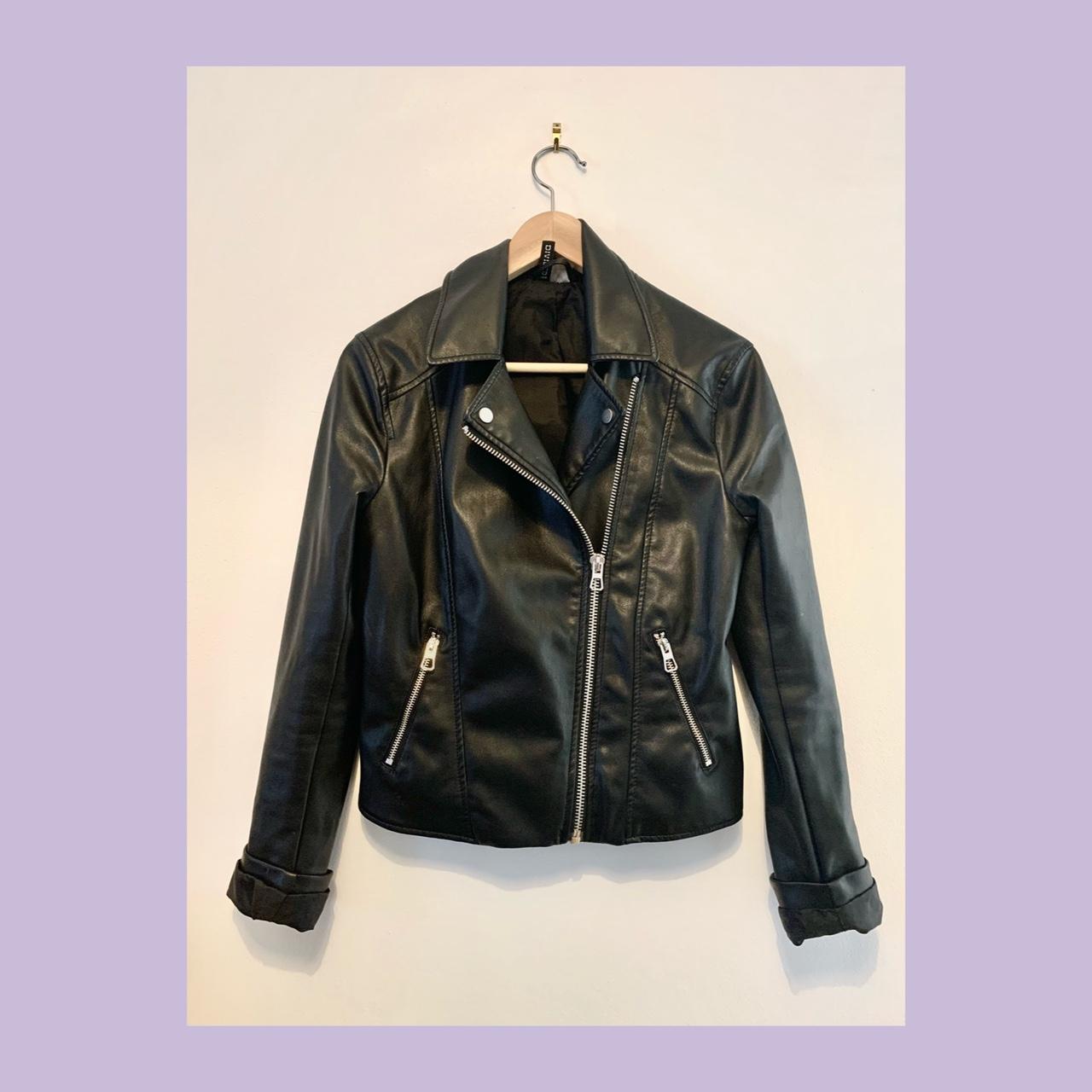 Black faux leather jacket from H&M. Size 12. Hardly... - Depop